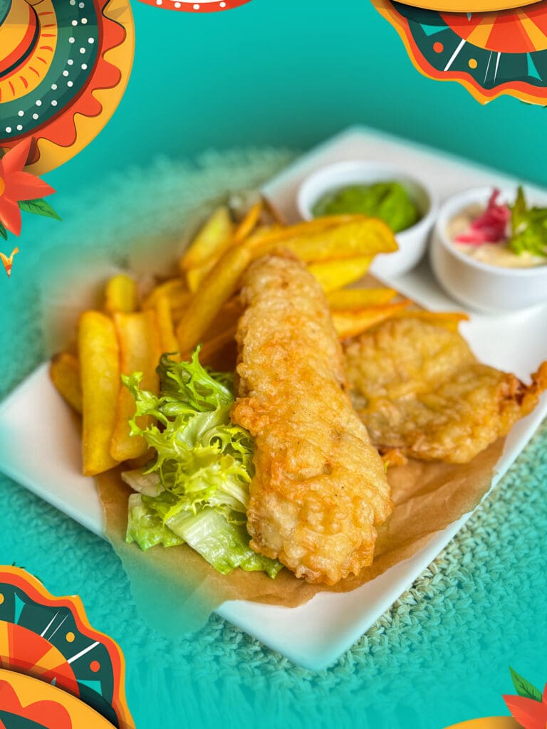 Fish and chips, mazăre cu menta si sos tartar